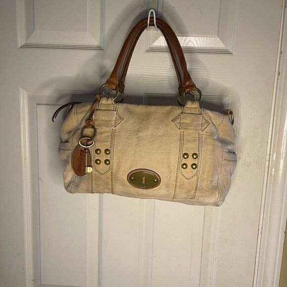 Fossil long live vintage khaki burlap Boston bag with leather tan straps . - Picture 3 of 14